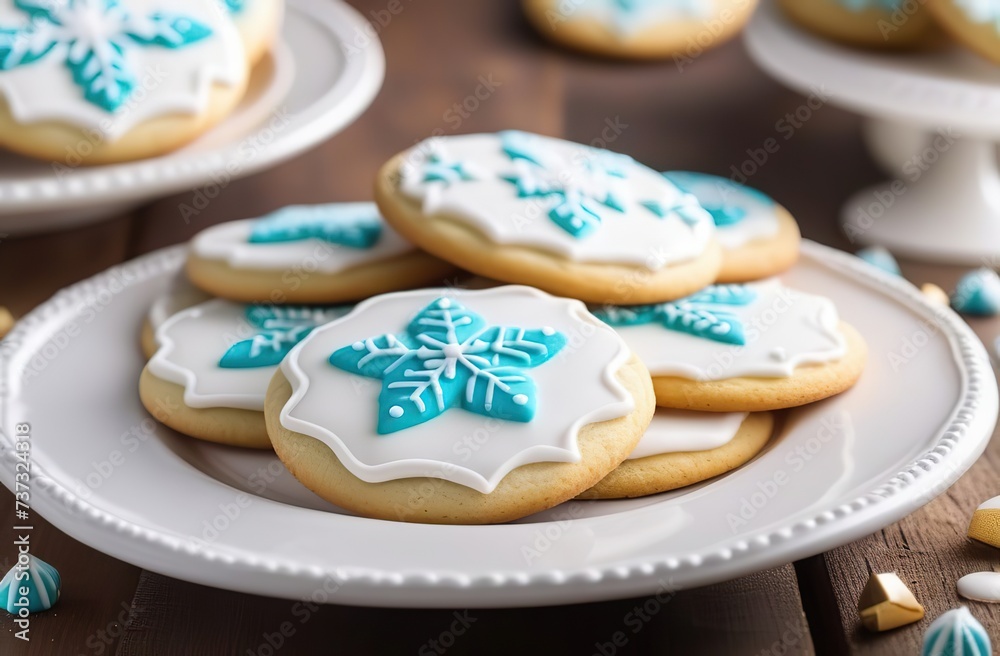 A plate of homemade snowflake sugar cookies decorated with frosting. New Year Christmas. A plate of homemade snowflake sugar cookies decorated with frosting. New Year Christmas.