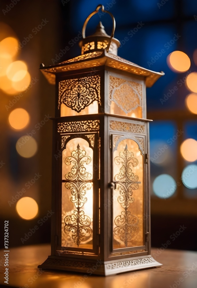 slamic ramadan fasting, Eid Mubarak - A close-up of an ornate lantern with intricate cut-out patterns illuminated from within, against a background of sparkling golden bokeh lights.