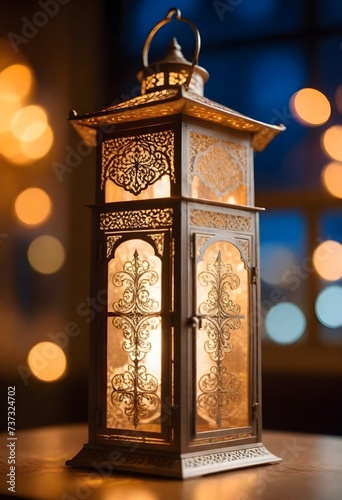 slamic ramadan fasting, Eid Mubarak - A close-up of an ornate lantern with intricate cut-out patterns illuminated from within, against a background of sparkling golden bokeh lights. photo