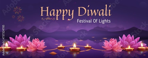 A banner saying Happy Diwali, tea lights, Diyas oil lamps, Purple background photo