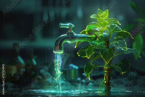 An illustration of a futuristic faucet integrated into the stem of a peculiar glowing plant photo