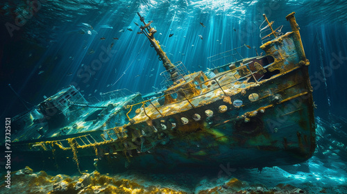 An old shipwreck with metallic sheen under deep blue ocean photo