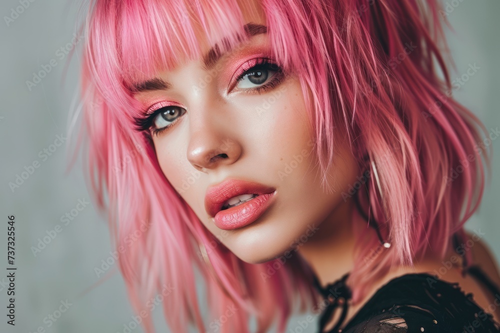 A woman with pink hair and a black top with pink lipstick on it