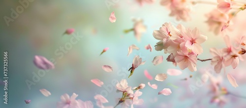 Beautiful cherry blossoms with petals gently falling on a soft blur background. AI generated © orendesain99