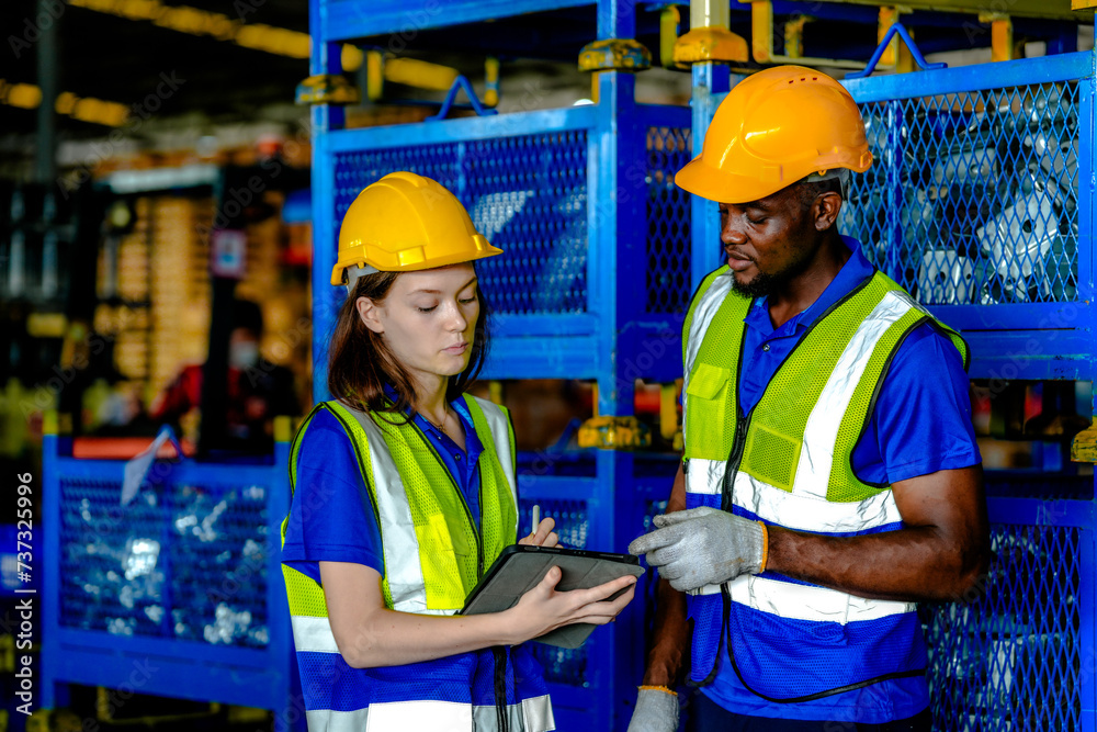 Concept workers people operation in industrial. team of factory industrial warehouse. Male giving some advice to team. Group of Diversity engineer factory people meeting.