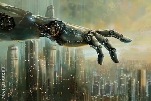 Illustrate a dystopian future where biotechnology has become the norm blurring the line between man and machine