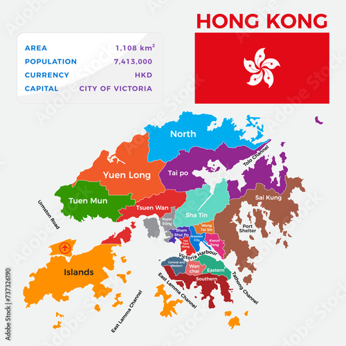 Hongkong map divided into provinces or regions with modern borders. Geographic location indication. Infographic design template for presentation, brochure, touristic website. Eps 10 vector illustratio