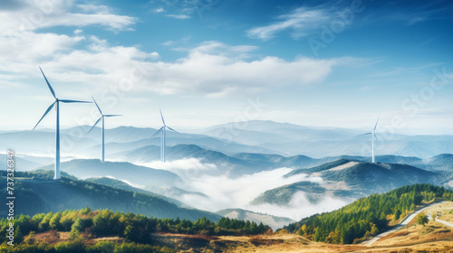 Wind turbines generate clean energy against a blue sky, demonstrating sustainable energy sources