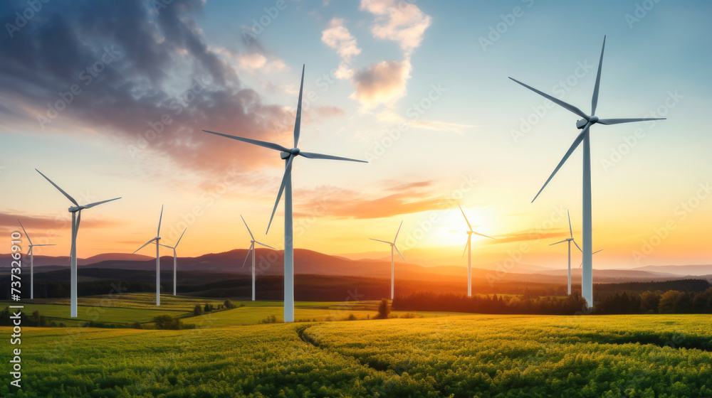Obraz premium Wind turbines generate clean energy against a blue sky, demonstrating sustainable energy sources