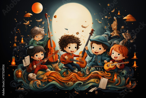 A charming and interactive illustration representing the magic of Baby Music Classes. The illustration features a diverse group of babies and parents surrounded by a world of musical wonder.