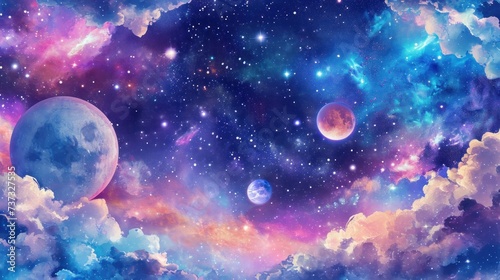 Mystical galaxy scene with vibrant clouds and shining stars.