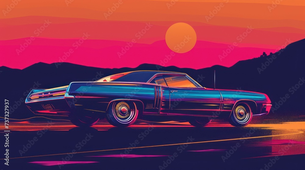 Vintage car driving at sunset with vibrant colors.