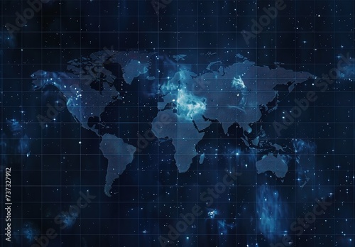 Illuminated digital image of a world map with continents and countries highlighted in bright blue lights