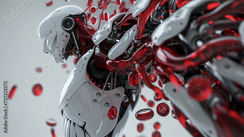 Detailed 3D image of a futuristic robot with a complex blood like energy fluid system