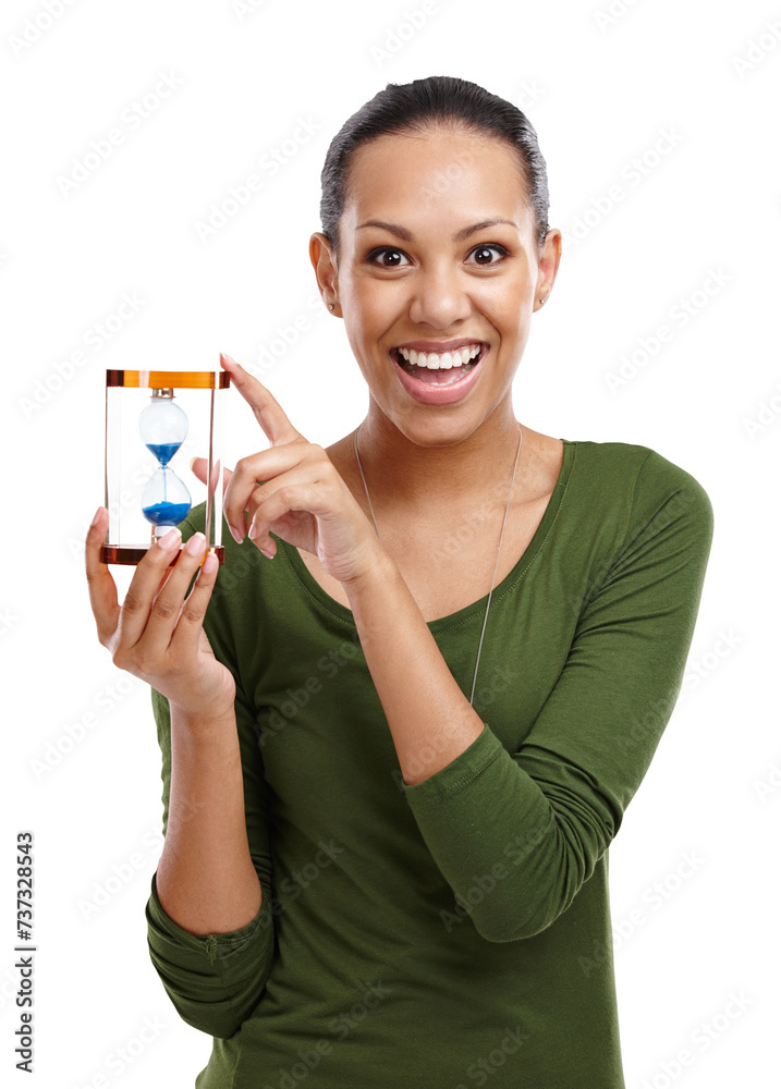 Woman with hourglass, portrait and time for deadline or schedule with sand running down for countdown. Clock, retro timer and happy model with sandglass or wait isolated on png transparent background Woman with hourglass, portrait and time for deadline or schedule with sand running down for countdown. Clock, retro timer and happy model with sandglass or wait isolated on png transparent background
