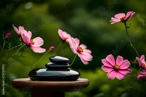 spa still life with pink flowers, Delve into a serene oasis where black spa stones rest alongside a delicate pink cosmos flower, isolated against a lush green backdrop