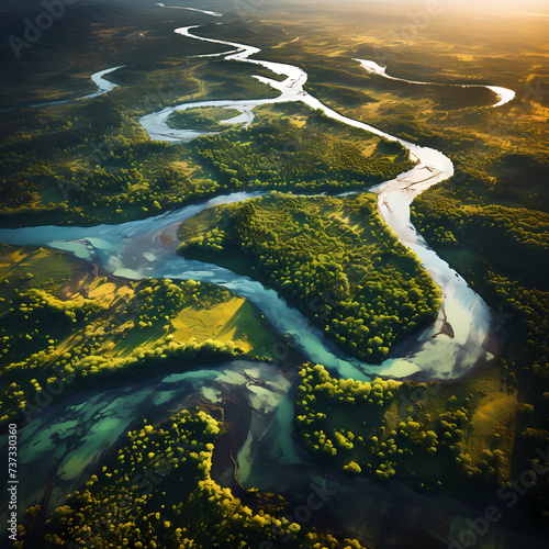 Aerial view of a winding river through lush landscapes.