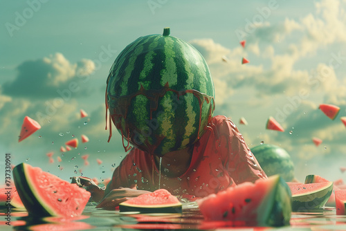Imagine a scene where a human and watermelon merge into one being embodied in a 3D rendered image photo