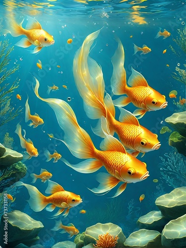 A picture of goldfish swimming in a pond