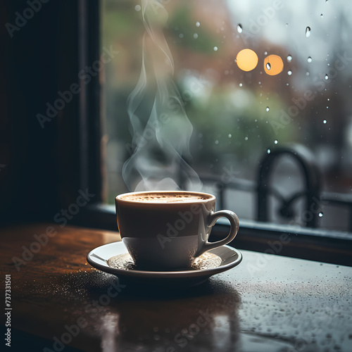 A steaming cup of coffee on a rainy day.