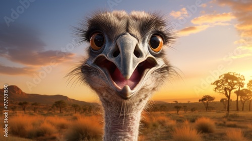 A close-up image of an ostrich in the desert with its mouth open. Generative AI