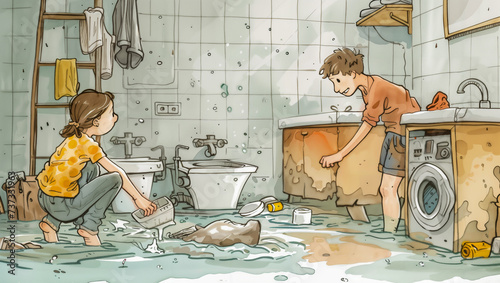 Illustration of homeowners grappling with plumbing problems, emphasizing the complexities of installing and maintaining a functional plumbing system photo