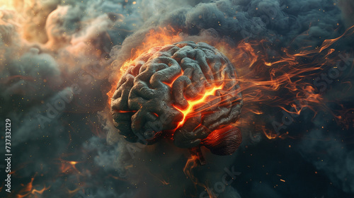 Stylized depiction of a human brain on fire amid smoky swirls in a 3D illustration