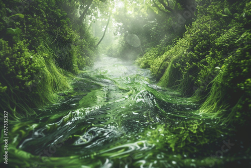 Unique allegorical representation of a river flowing with green herbal tea through a dense mystical forest illustration