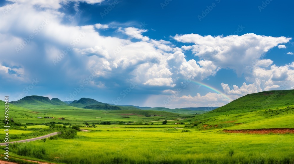 A verdant valley with a rainbow