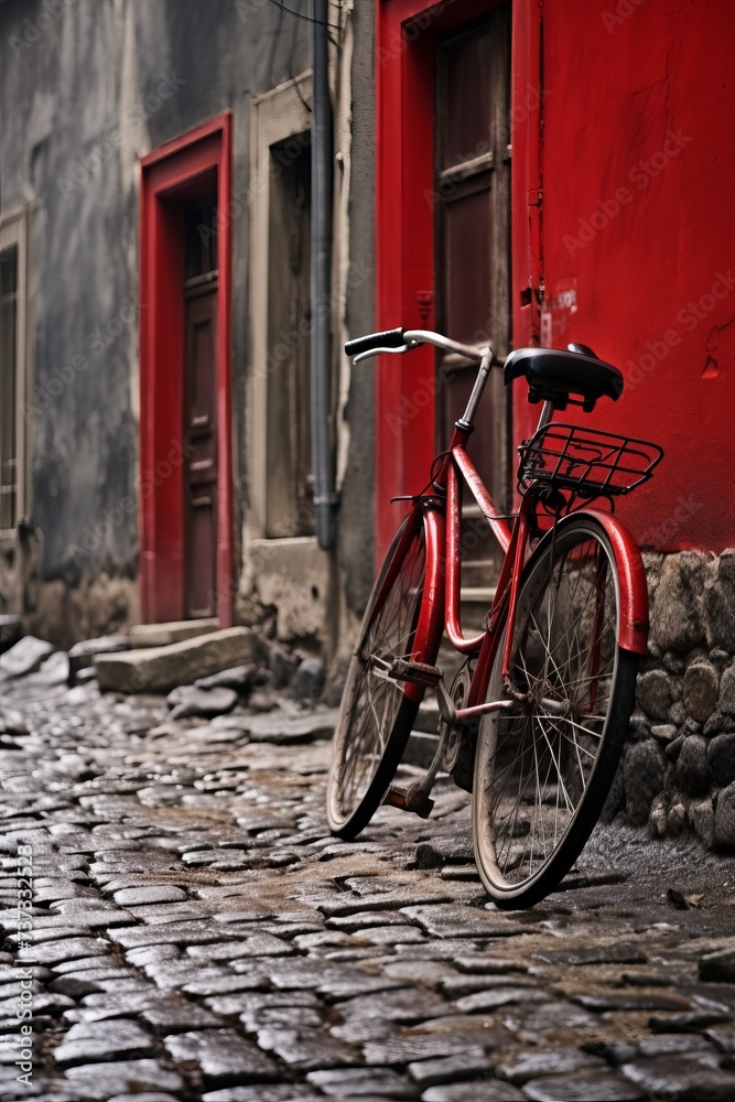 A red bicycle parked in front of a red door