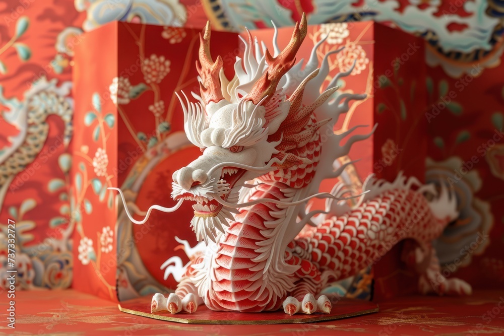 Elaborate traditional Chinese dragon art adorned with auspicious symbols and floral patterns against a textured red backdrop.