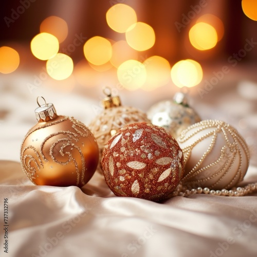 Christmas ornaments on a shiny beige silk background with blurred lights in the background