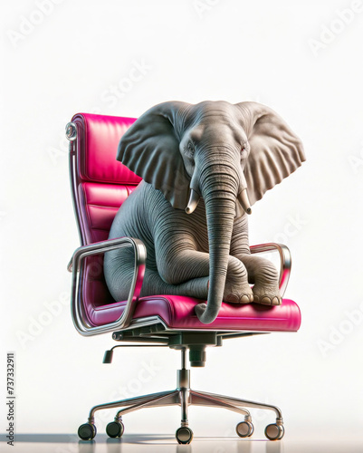 Adult Elephant Seated on Vibrant Pink Office Chair in White Studio Setting