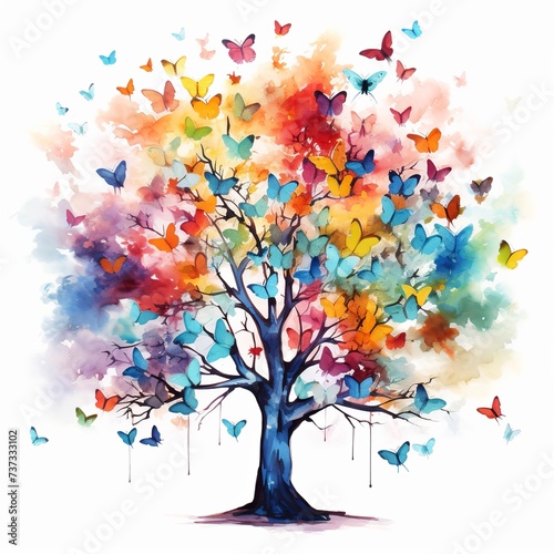 illustration of watercolor tree with butterfly leaves bright colors, Generative ai © rajesh