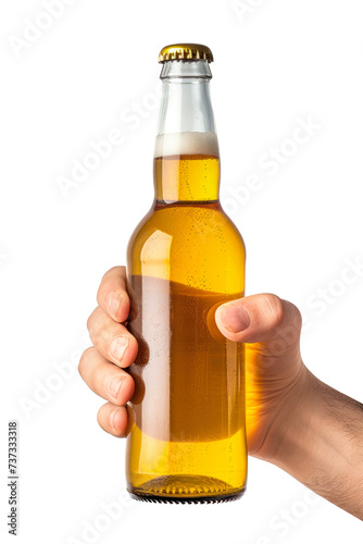 A hand grips a bottle of beer, showcasing a straightforward image for advertising purposes. Isolated. Mockup