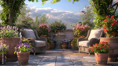 Cozy outdoor roof terrace or patio adorned with armchairs and potted plants