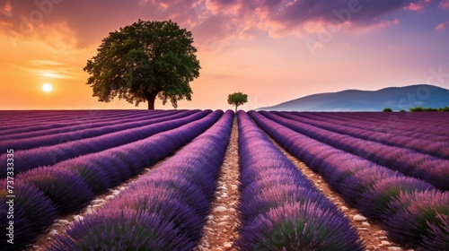 Rows of lavender plants in a field at sunset