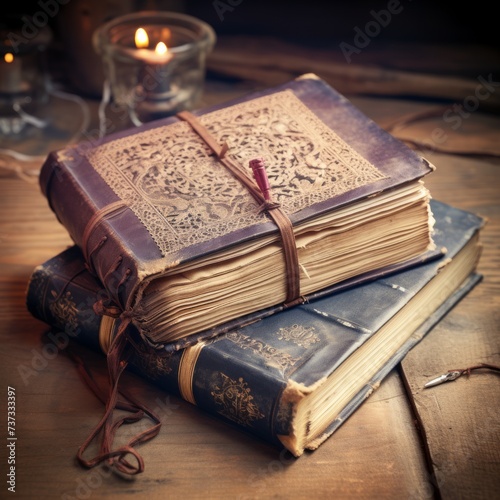 Two old books with a candle on a wooden table