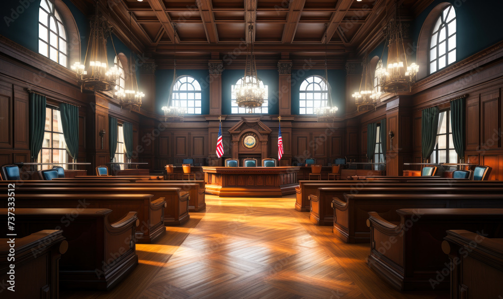 Elegant and traditional wooden courtroom interior with judge's bench, witness stand, and American flag symbolizing justice and legal proceedings - obrazy, fototapety, plakaty 