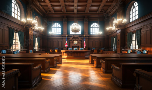 Elegant and traditional wooden courtroom interior with judge's bench, witness stand, and American flag symbolizing justice and legal proceedings