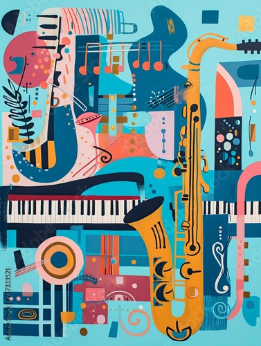 The image displays an artistic and vibrant composition of various musical instruments including saxophones, a piano keyboard, and a guitar, all intertwined with music notes and abstract shapes in a pa