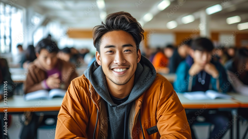 Cheerful young Asian male student smiling at the camera with a classroom full of fellow students studying in the background, embodying academic success and happiness Cheerful young Asian male student smiling at the camera with a classroom full of fellow students studying in the background, embodying academic success and happiness
