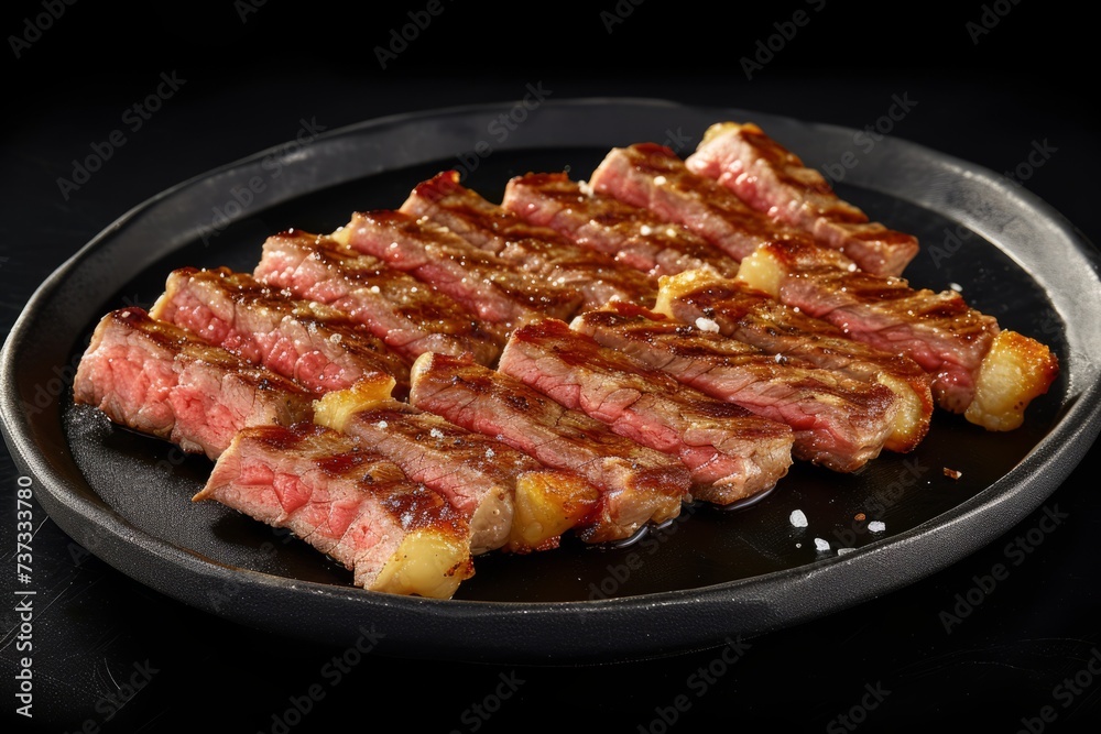 Beef steak with salt on a black plate