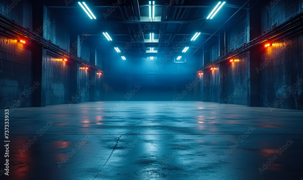 Mysterious empty warehouse interior with dim lighting and fluorescent lamps highlighting the spacious industrial atmosphere and dark, grungy walls