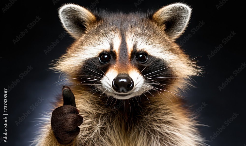 Amusing raccoon giving a thumbs up gesture with a humorous expression, isolated on a black background, embodying positive reinforcement and approval