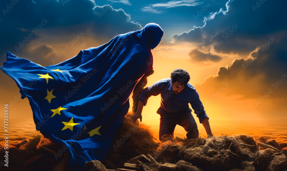 An allegorical depiction of a farmer pushing against a superhero cloaked in the European Union flag, representing the struggle of agriculture against political power - obrazy, fototapety, plakaty 