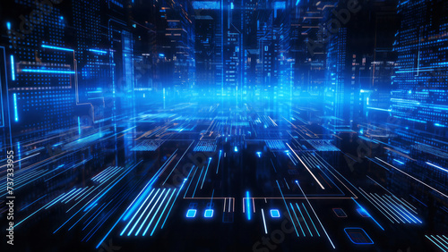 Digital matrix of blue lines and nodes suggests high speed data transfer. Futuristic network technology concept