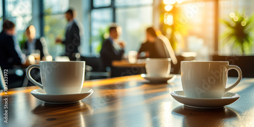 Close-up of coffee cups on a conference room table with blurred business professionals engaging in discussions in a bright corporate office environment photo
