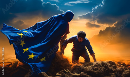 An allegorical depiction of a farmer pushing against a superhero cloaked in the European Union flag, representing the struggle of agriculture against political power photo