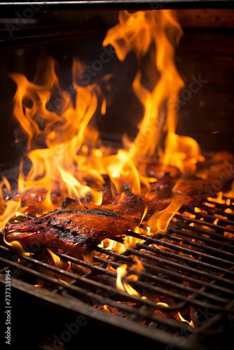 Grilled meat on a flaming grill